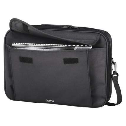 Schwarze Notebooktasche mit Reißverschluss und mehreren Fächern für Laptop und Zubehör.