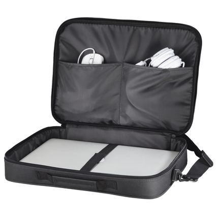 Schwarze Notebooktasche mit Fach für Laptop und mehreren Innentaschen für Zubehör.
