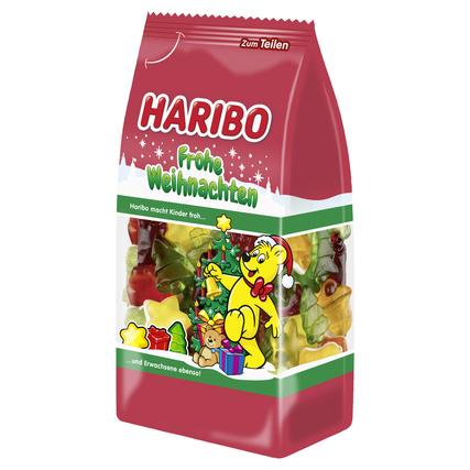 Beutel mit HARIBO Fruchtgummi "Frohe Weihnachten" in verschiedenen Farben und Formen.