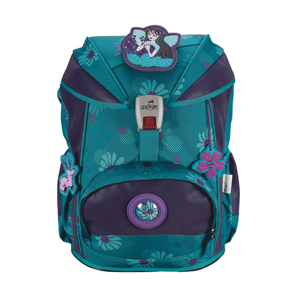 Schulranzen in Türkis und Lila mit Blumenmotiv und reflektierenden Elementen.