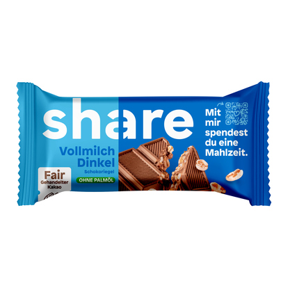 Blau verpackter Schokoriegel mit der Aufschrift "share Vollmilch Dinkel" und Fairtrade-Symbol.