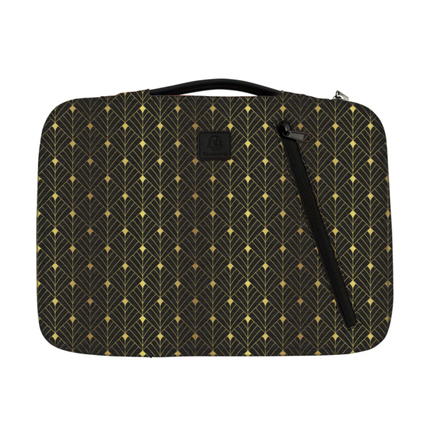 Notebookhülle mit geometrischem Muster und L-förmiger Öffnung zum Schutz eines Laptops.