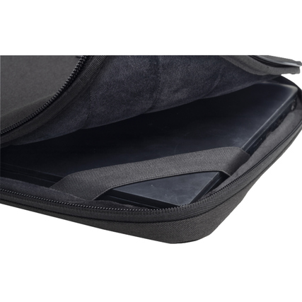 Schwarze Notebookhülle mit L-förmiger Öffnung und sichtbarem Laptop-Inhalt im Inneren.