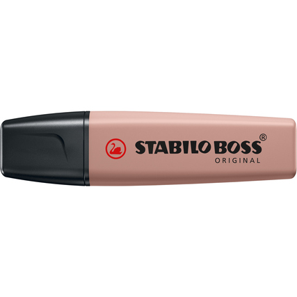 Beige Textmarker mit schwarzem Kappendeckel und Schriftzug auf der Oberseite.