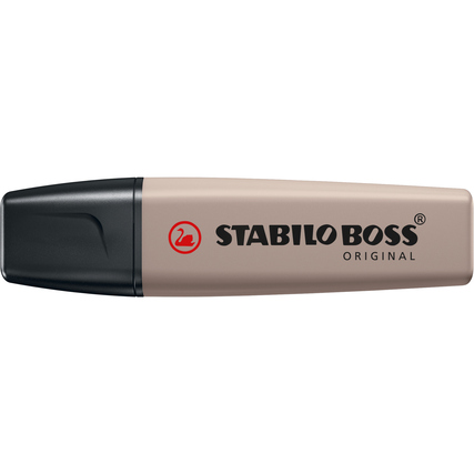 Textmarker in warmgrau mit schwarzem Deckel und STABILO BOSS Logo auf der Seite.