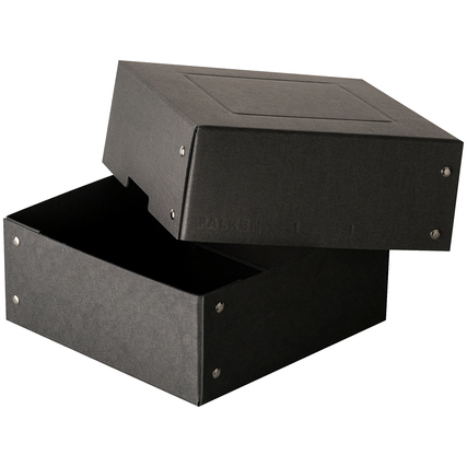 Schwarze Aufbewahrungsbox mit einem abnehmbaren Deckel, seitlich mit Griffaussparung.