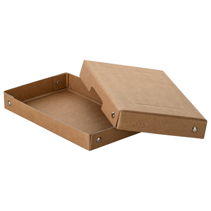 Braune Aufbewahrungsbox mit Griffaussparung und verstärkten Rillen, geöffnet und seitlich gezeigt.