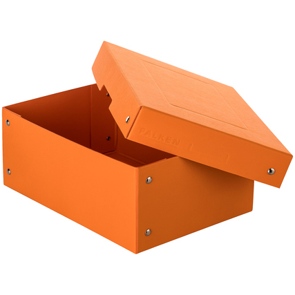 Pastellorange Aufbewahrungsbox mit offenem Deckel und praktischer Griffaussparung.