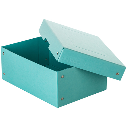 Pastellazurblau Aufbewahrungsbox mit Griffaussparung und offenem Deckel.