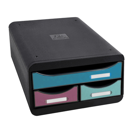 Schubladenbox mit drei farbigen Schubladen in Schwarz, Blau, Mint und Lila.
