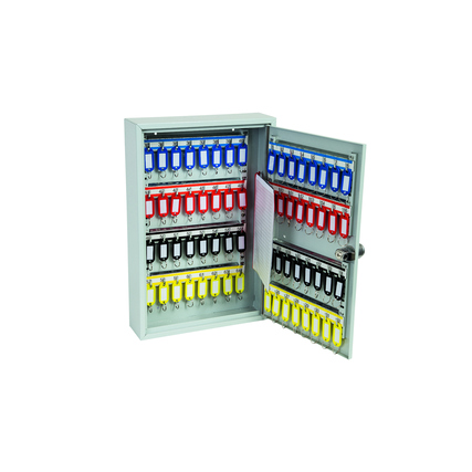 Schlüsselschrank mit geöffnetem Tür, ausgestattet mit bunten Schlüsselanhängern und Hakenstangen.