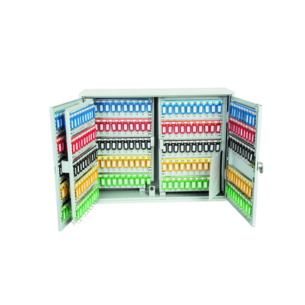 Zweitüriger Schlüsselschrank mit vielen farbigen Haken für Schlüsselorganisation geöffnet.