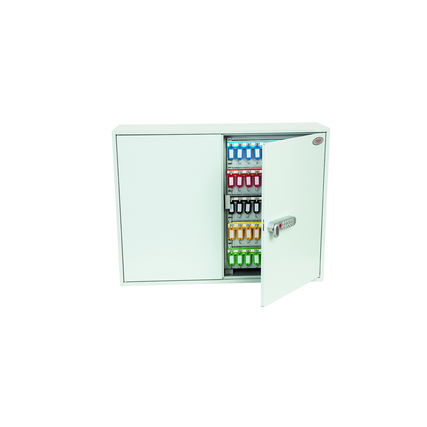 Zweitüriger Schlüsselschrank mit geöffneten Türen und farbigen Schlüsselanhängern im Innenraum.