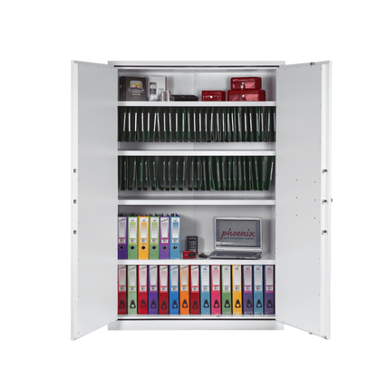 Tresor mit geöffneten Türen, gefüllt mit Aktenordnern, Registern und einem Laptop.