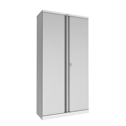 Grauer Flügeltürenschrank aus Stahl, 915 x 1.830 x 370 mm, mit zwei Türen und Schlüssel.