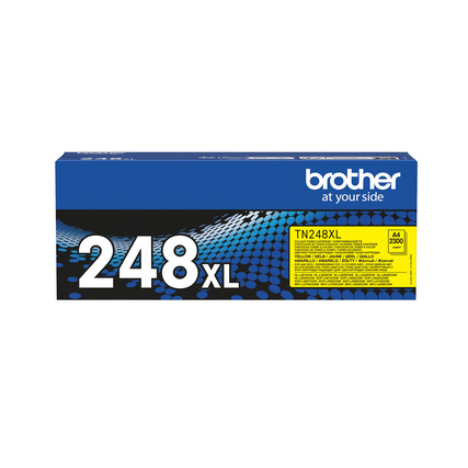 Gelbe Tonerkartusche TN-248XLY in blauer Verpackung mit schwarzer Schrift und gelbem Label.