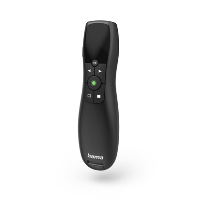 Schwarzer Wireless Presenter mit grünem Laserpointer und mehreren Steuerungstasten.