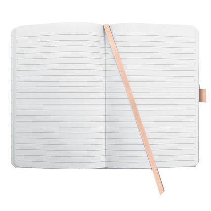 Offenes, liniert Notizbuch in DIN A5 mit einem rosefarbenen Lesezeichen.