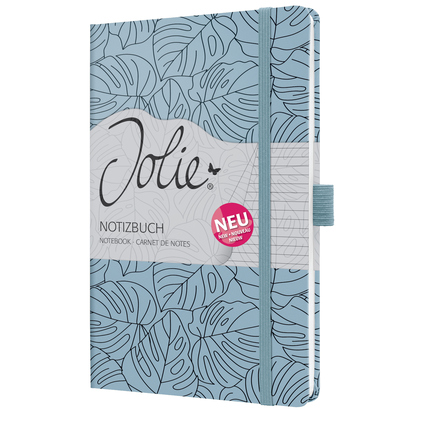 Notizbuch mit blauem Monstera-Design und elastischem Verschluss im DIN A5-Format.