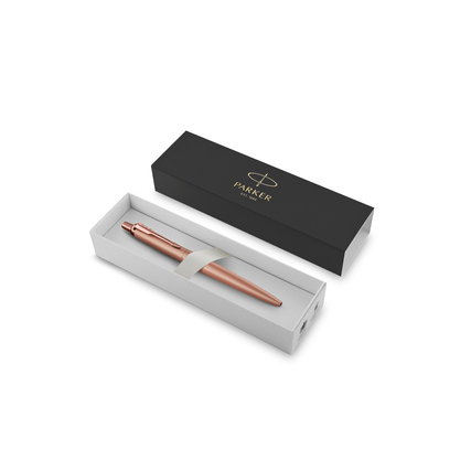 Kugelschreiber in Geschenkbox, silberne und roségoldene Farbgebung, seitliche Ansicht.