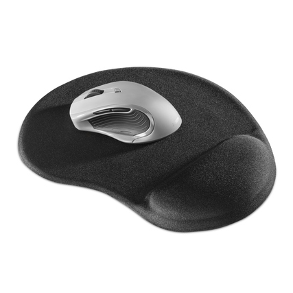Mauspad mit ergonomischer Handballenauflage und Maus in Verwendung auf schwarzer Unterlage.