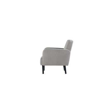 Seitenansicht eines grauen Sofa-Stuhls mit schwarzen Beinen und eleganter Polsterung aus Samt.