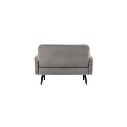 Rückansicht eines grauen Sofas mit Samtoberfläche und schwarzen Beinen.