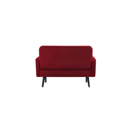 Rotes Samtsofa mit schwarzem Gestell, Ansicht von hinten.
