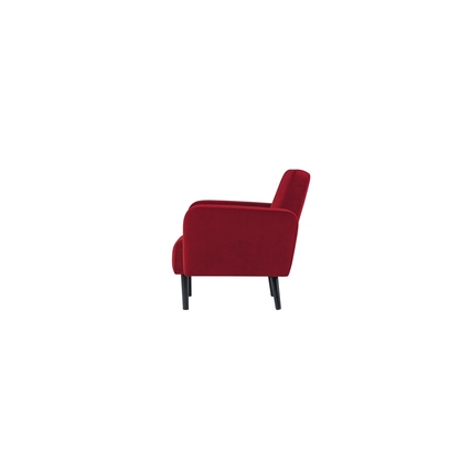 Rotes Samtsofa mit schwarzen Beinen, seitliche Ansicht, ohne Zubehör oder Dekoration.