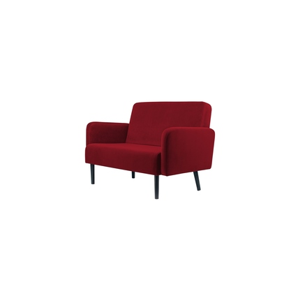 Rotes Sofa mit zwei Armlehnen und schwarzen Beinen, einfaches Design, ideal für städtische Räume.