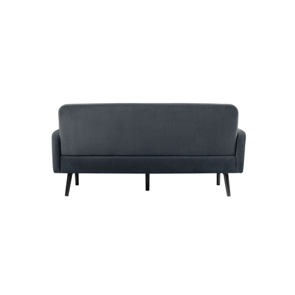 Rückansicht eines anthrazitfarbenen Sofas mit vier schwarzen Metallbeinen.