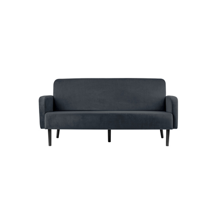 Sicht auf ein anthrazitfarbenes Sofa mit glatter Samtoberfläche und Holzbeinen.