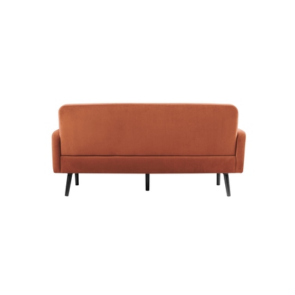 Rückansicht eines braunen Sofas mit schmalen Beinen aus schwarzem Metall.