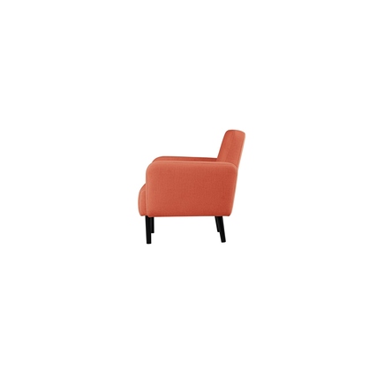 Seitenansicht eines orangen Sessel mit schwarzem Gestell aus Polyesterstoff.