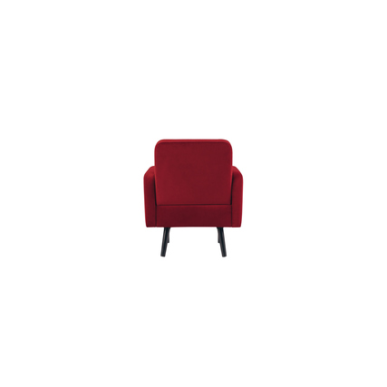 Roter Samt-Sessel mit schwarzem Gestell, gezeigt von hinten.