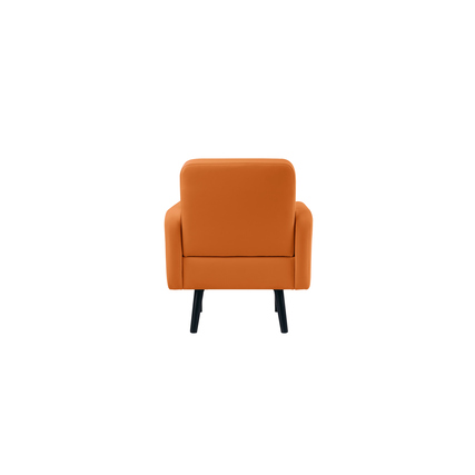 Oranger Sessel mit Kunstlederbezug, Ansicht von hinten, auf vier schwarzen Beinen.