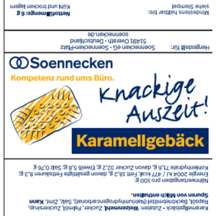 Karamellgebäck mit knuspriger Oberfläche in Verpackung mit Beschreibung und Markenlogo.
