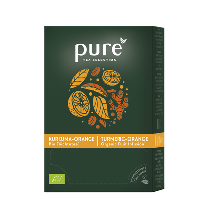 Packung mit 25 Teebeuteln Bio-Kurkuma-Orange in grüner Verpackung mit orangefarbener Beschriftung.