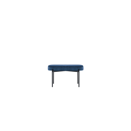 Blaue Sitzbank aus Samt mit schwarzen Metallfüßen, frontal aufgenommen.