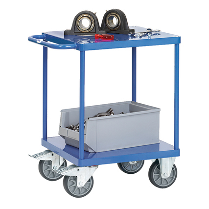 Blauer Transportwagen mit zwei Lenk- und zwei Bockrollen sowie einer grauen Werkzeugbox.