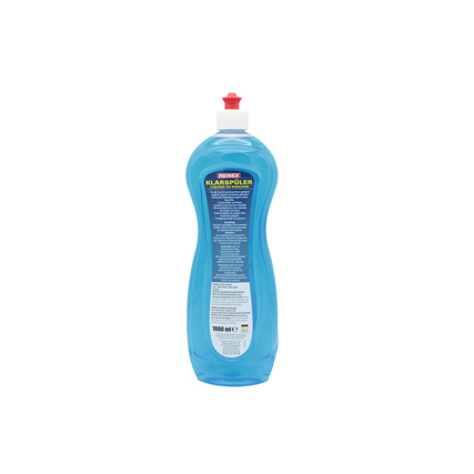 Blaues Flaschenprodukt mit Klarspüler und rotem Dosierkopf, Rückansicht mit Inhaltsbeschreibung.