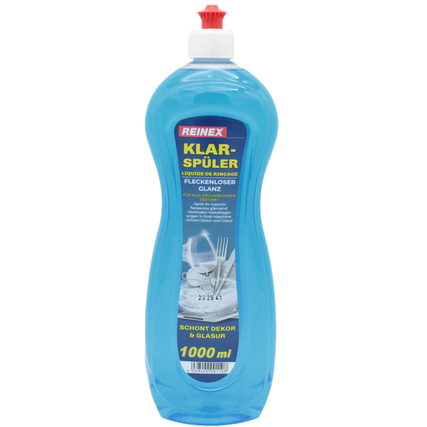 Blaues Flaschenprodukt mit rotem Deckel, etikettiert als Klarspüler, 1000 ml.