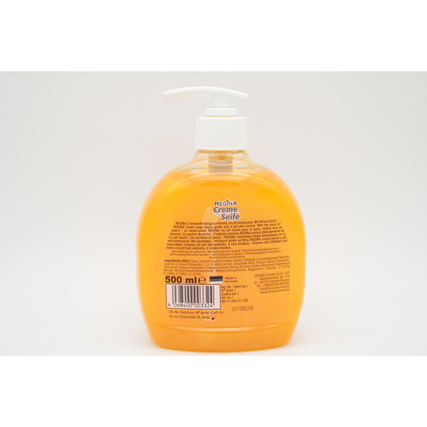 Flüssigseife mit Pfirsichduft in einer transparenten Pumpflasche mit tanganinia orange Farbe.