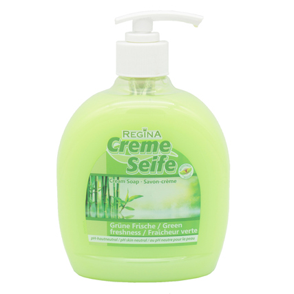 Grüne Flüssigseife in einem Pumpflasche mit transparentem, grünem Inhalt.