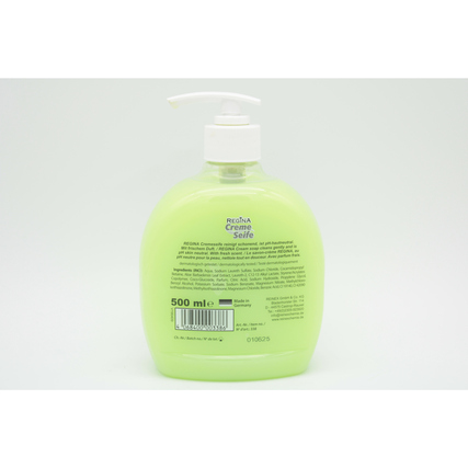 Flüssigseife in grüner Flasche mit Dosierpumpe und Rückseite für Inhaltsangaben.