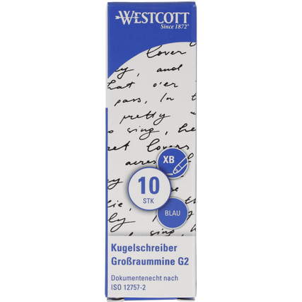 Blaues Kartonpaket mit 10 Großraumminen für Kugelschreiber, ISO 12757-2 zertifiziert.