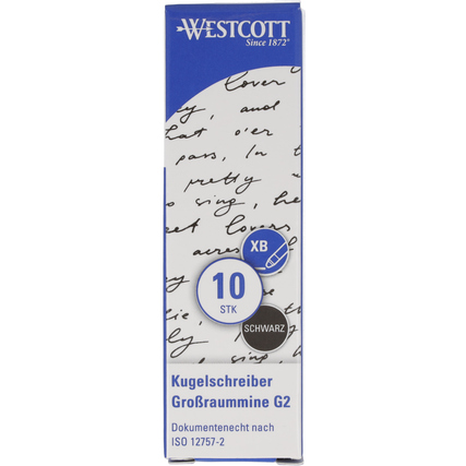 Schwarze Großraummine G2 von Westcott in einer Verpackung mit beschriftetem Hintergrund.