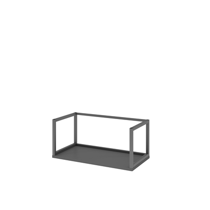 Graphitfarbenes Aufsatzregal aus Metallrahmen ohne Rückwand, Teil des FlexWall Systems.