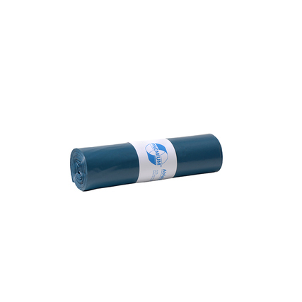 Rollenförmiger Müllbeutel in blauer Farbe, verpackt mit einem weißen Etikett.