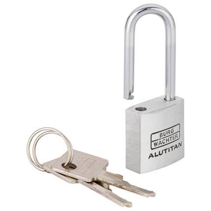 Vorhängeschloss mit zwei Schlüsseln und einem stabilen, glänzenden Bügel aus Aluminium.